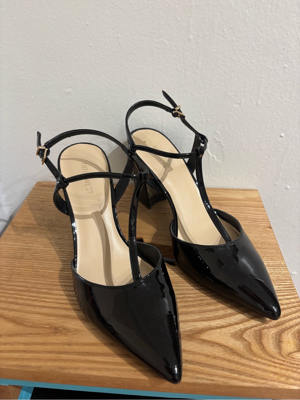 Nine West T-Strap Patent Black Heels